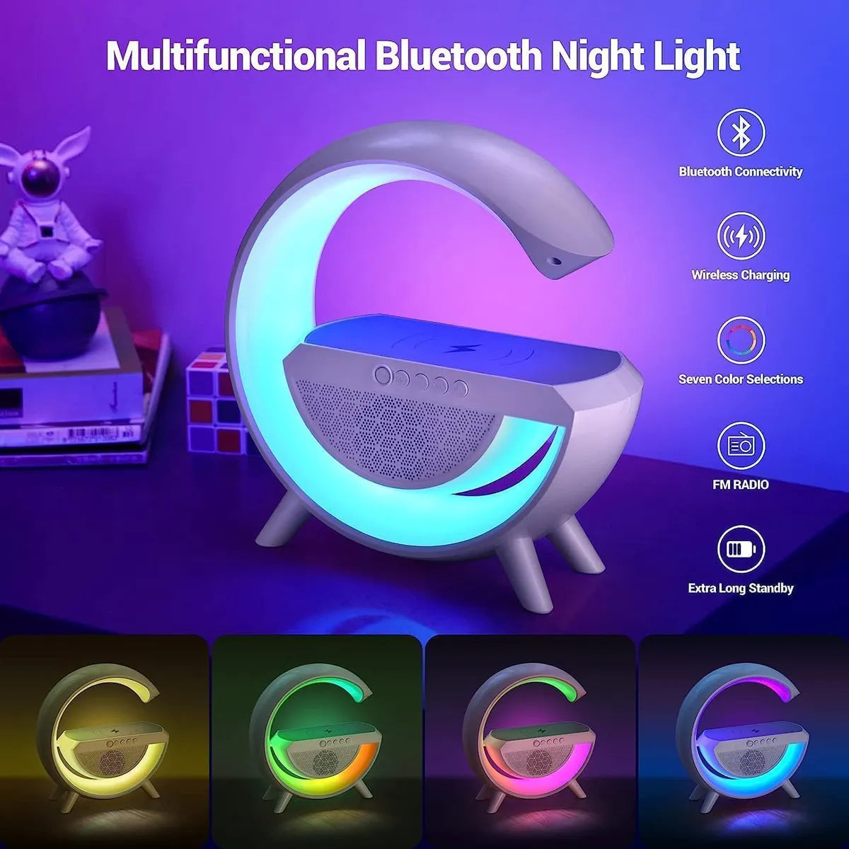 G Speaker Lamp - APP Control 3 in 1 Multi-Function Bluetooth Speaker with Wireless Fast Charging, RGB Light and Sunrise Alarm Clock for Bedroom & Bedside Table Wireless Charger Lamp